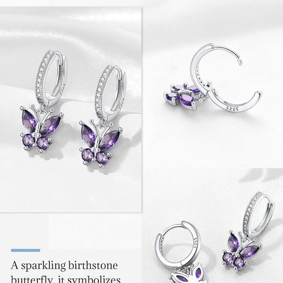 Sterling Silver Butterfly Earrings with Amethyst Dangles Youthful Gift for Women - Picture 6 of 9